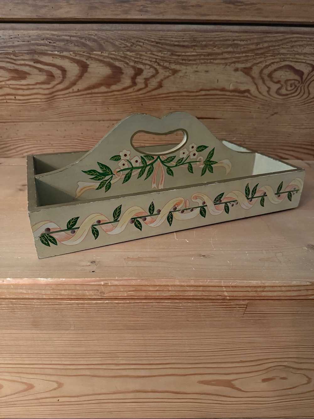 Vintage Painted Country Decor Silverware & Napkin Wood Caddy- 90’s
